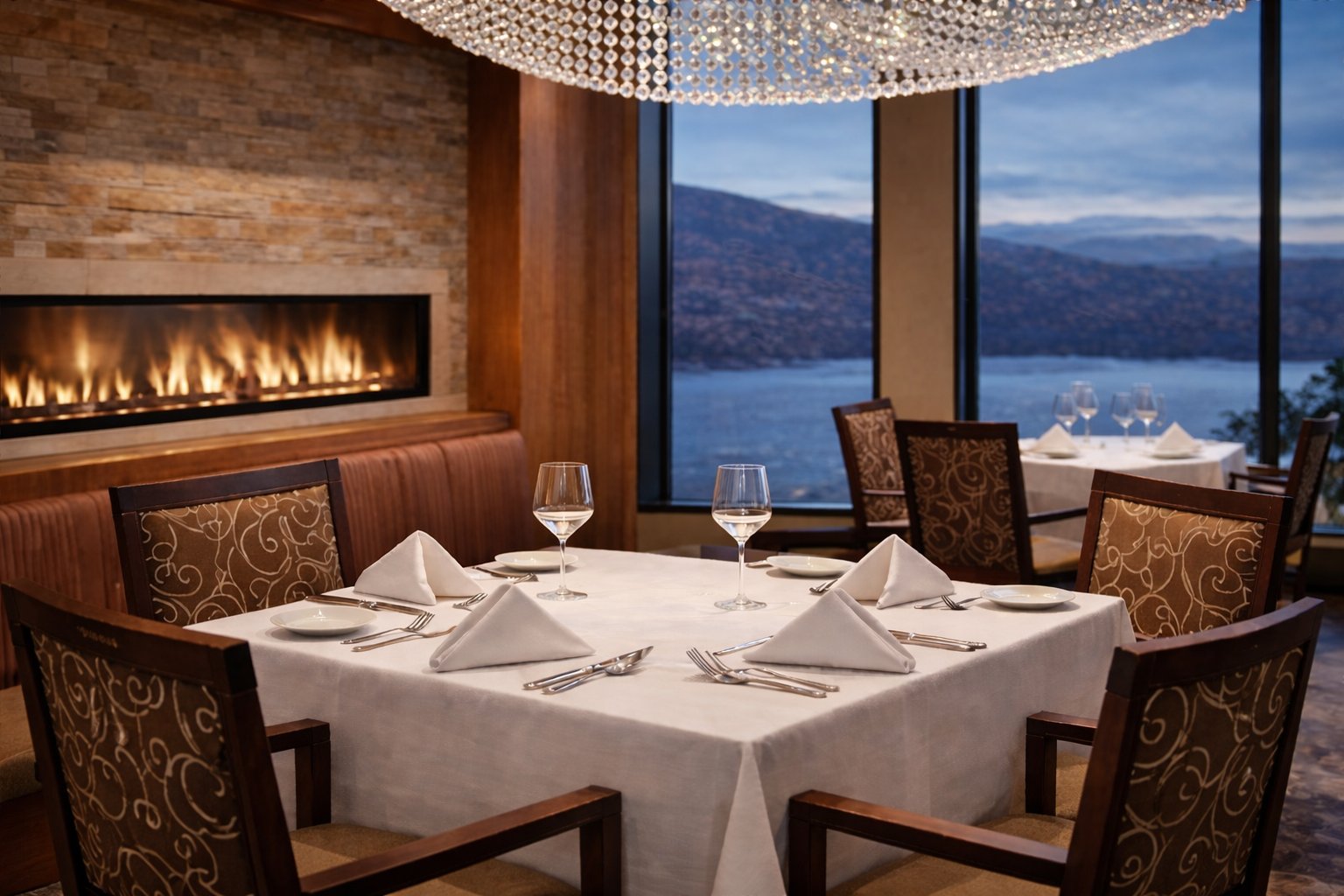 Fine dining restaurant fireplace Okanagan Lake views yoga retreat Vernon BC