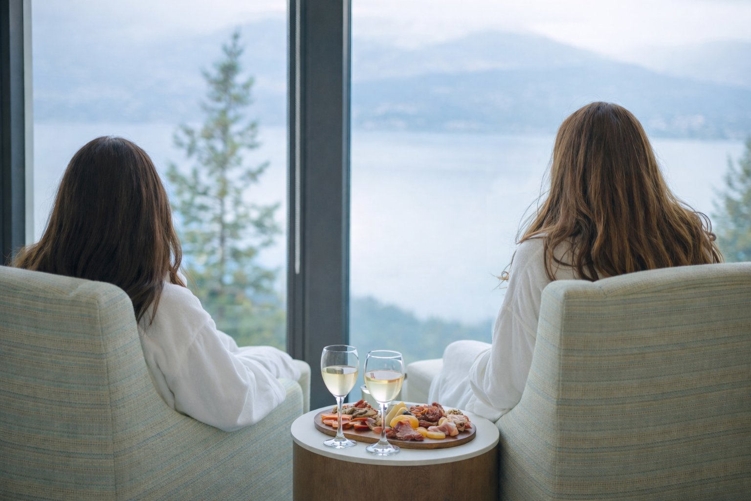 Woman relaxing in robe women's yoga retreat Okanagan Lake views BC
